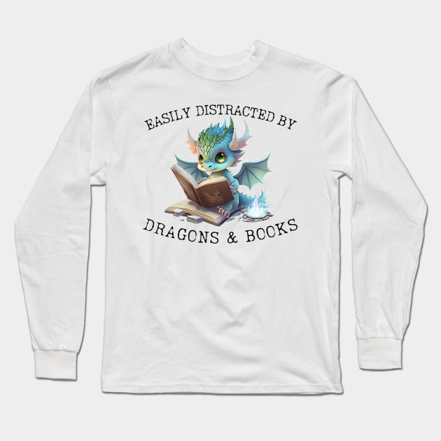 Easily Distracted by Dragons and Books Introvert Shirt Long Sleeve T-Shirt by K.C Designs